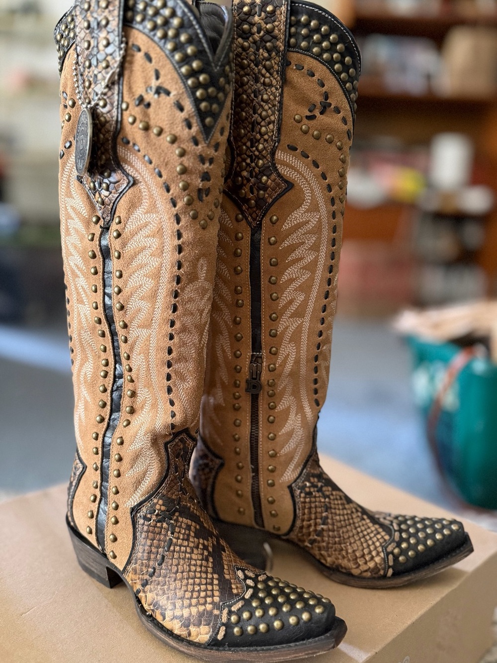 Double D Ranch by Old Gringo Tan and Black Studded Western Knee-High Boots